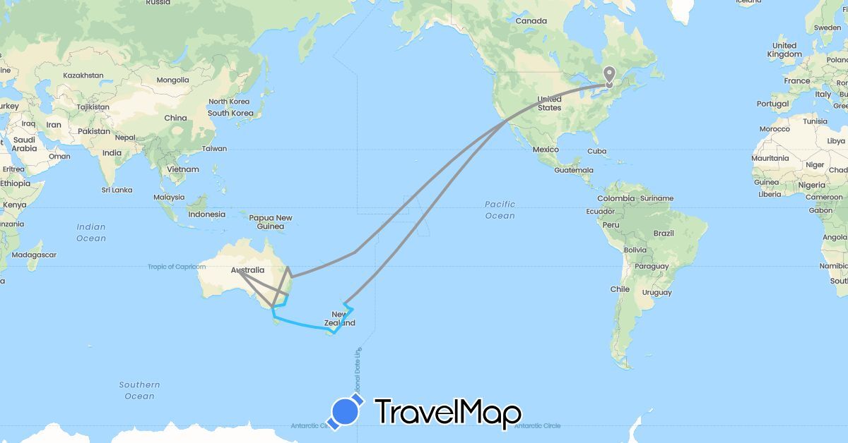 TravelMap itinerary: plane, boat in Australia, Canada, Fiji, New Zealand, United States (North America, Oceania)